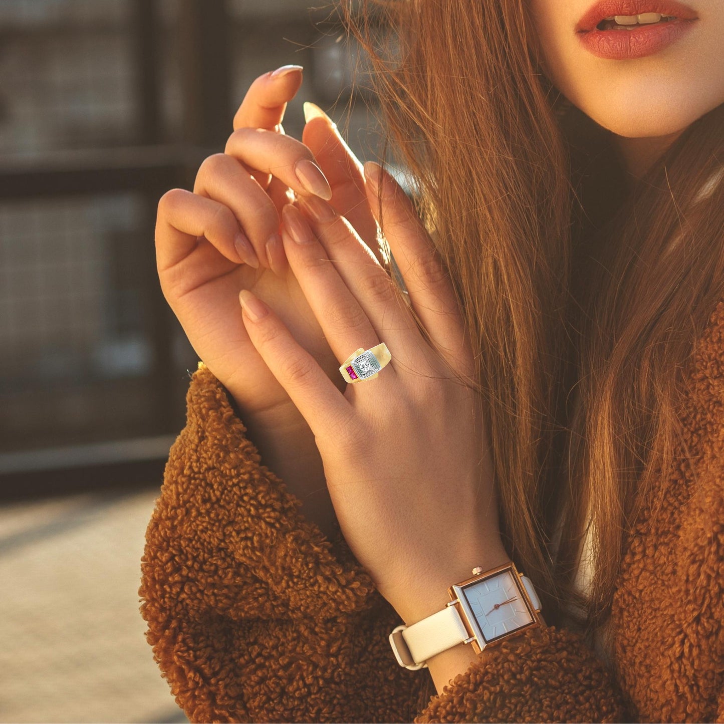 14K Rose Gold Geometric Ruby & Diamond Band Ring