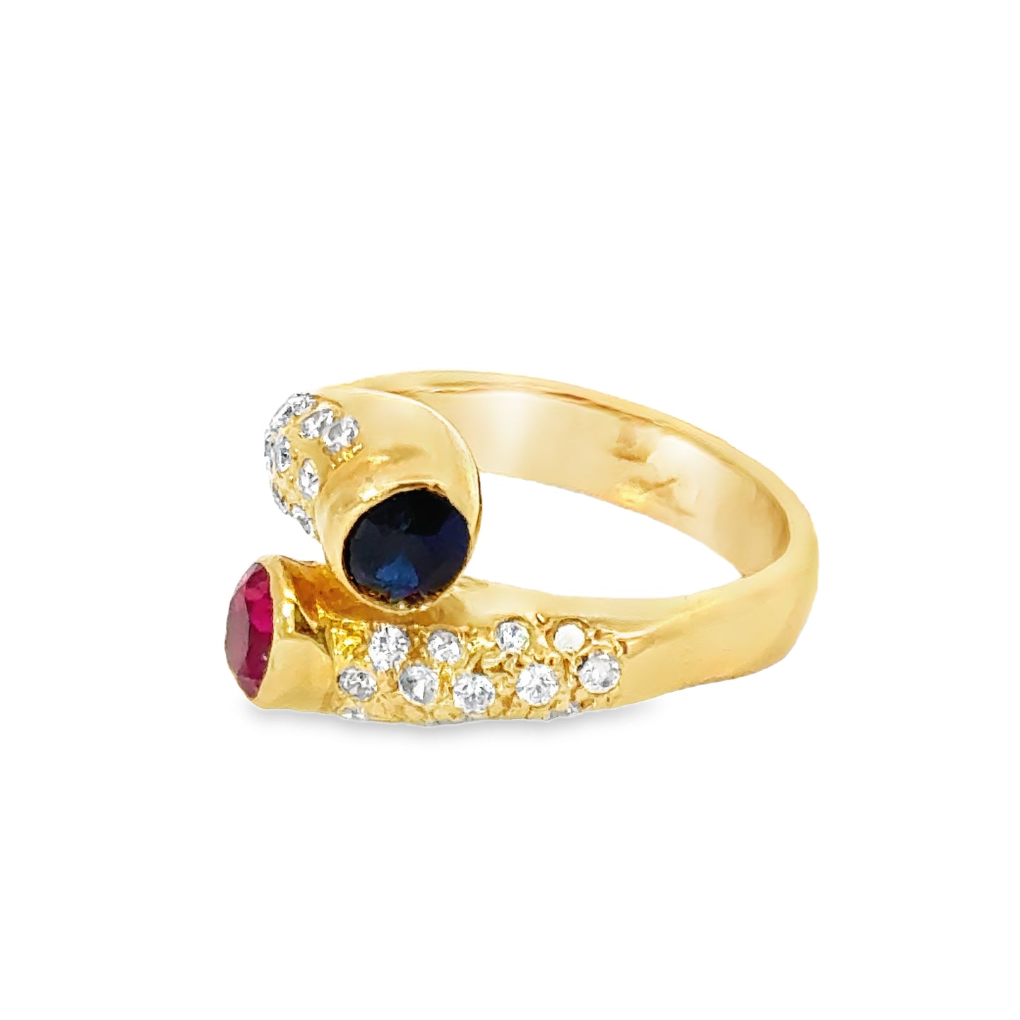 Unique 18K Yellow Gold Ruby, Sapphire & Diamond Ring