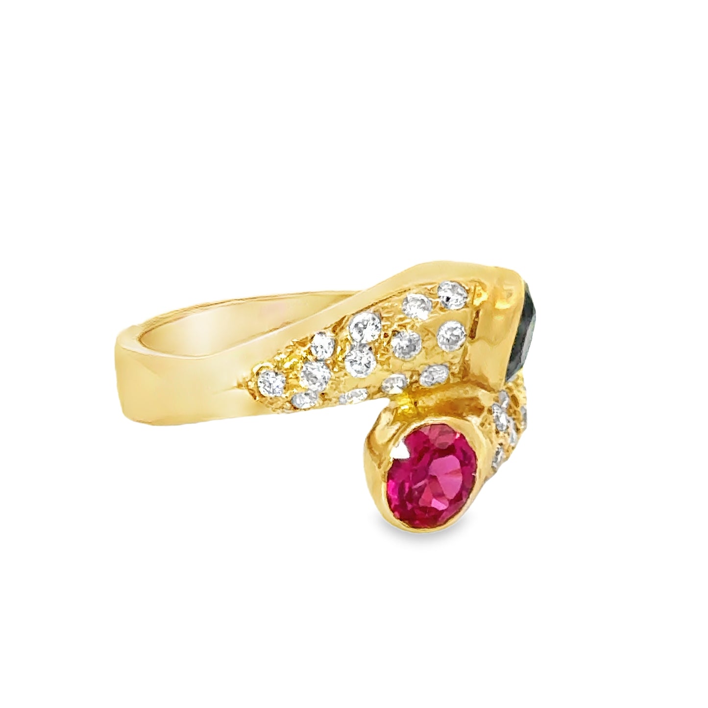 Unique 18K Yellow Gold Ruby, Sapphire & Diamond Ring