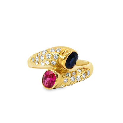 Unique 18K Yellow Gold Ruby, Sapphire & Diamond Ring