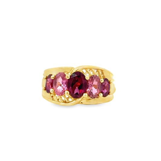 14K Yellow Gold Garnet and Pink Tourmaline Five-Stone Ring