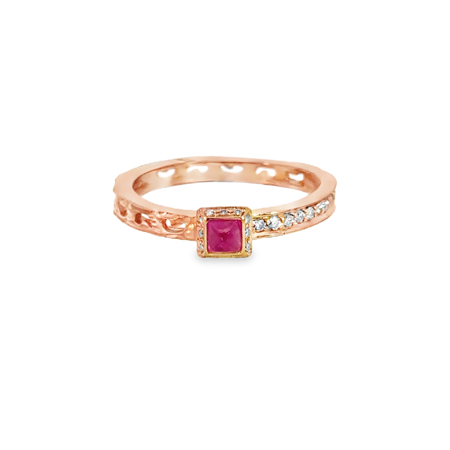 Retro 18K Rose Gold Square Ruby & Diamond Ring