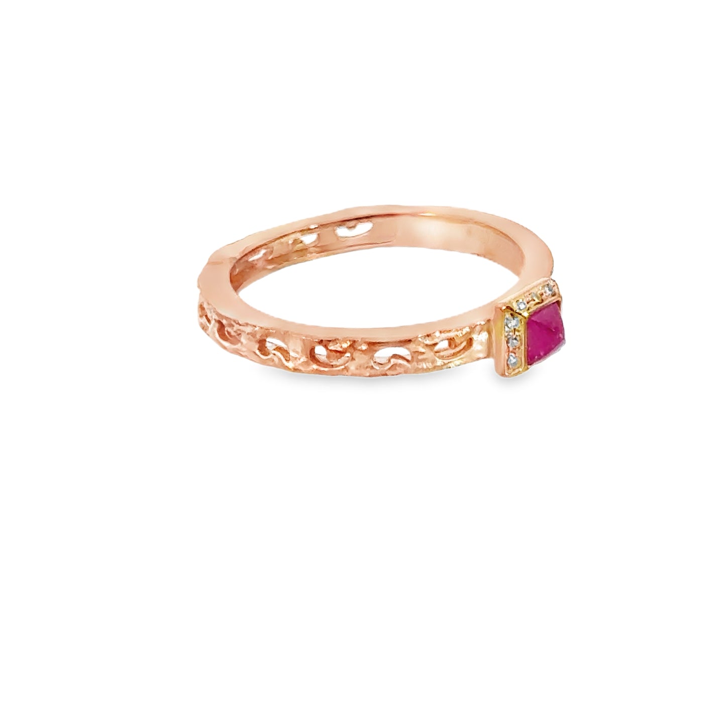 Retro 18K Rose Gold Square Ruby & Diamond Ring