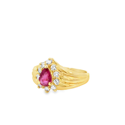 14K Yellow Gold Pear Ruby & Diamond Halo Ring