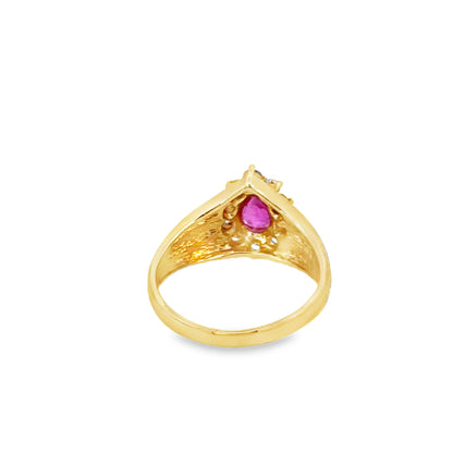 14K Yellow Gold Pear Ruby & Diamond Halo Ring