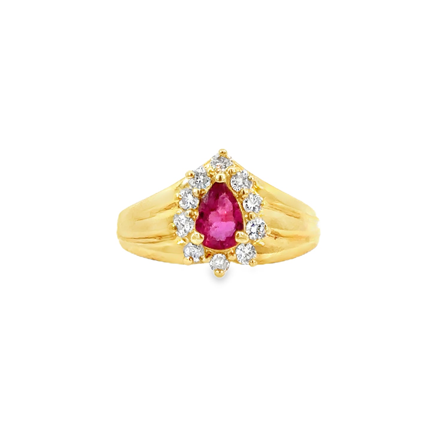 14K Yellow Gold Pear Ruby & Diamond Halo Ring