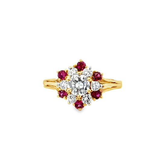 14K Ruby & Diamond Cluster Ring – Vintage Floral Sparkle