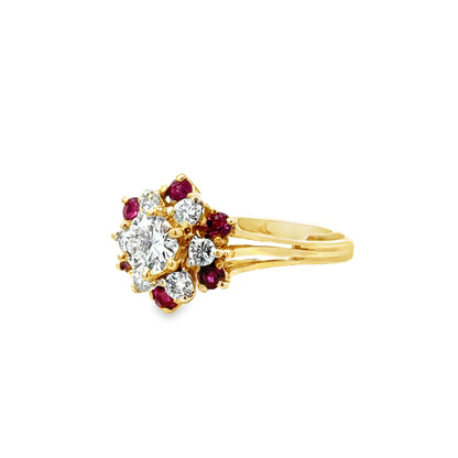 14K Ruby & Diamond Cluster Ring – Vintage Floral Sparkle