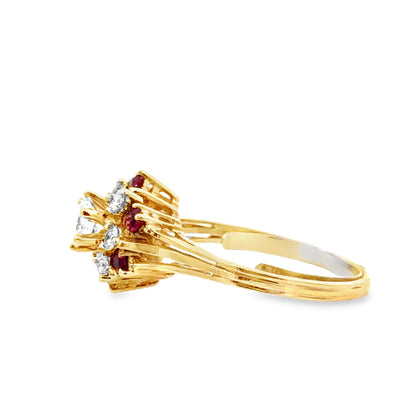 14K Ruby & Diamond Cluster Ring – Vintage Floral Sparkle