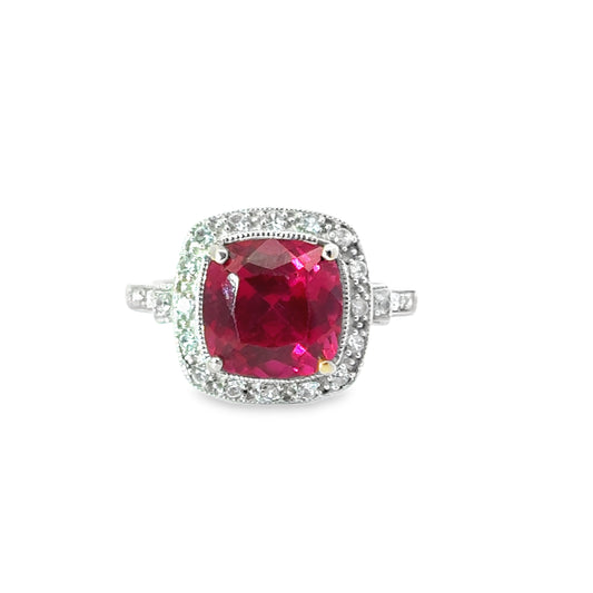 Elegant 14K White Gold Red Quartz & Cubic Zirconia Ring