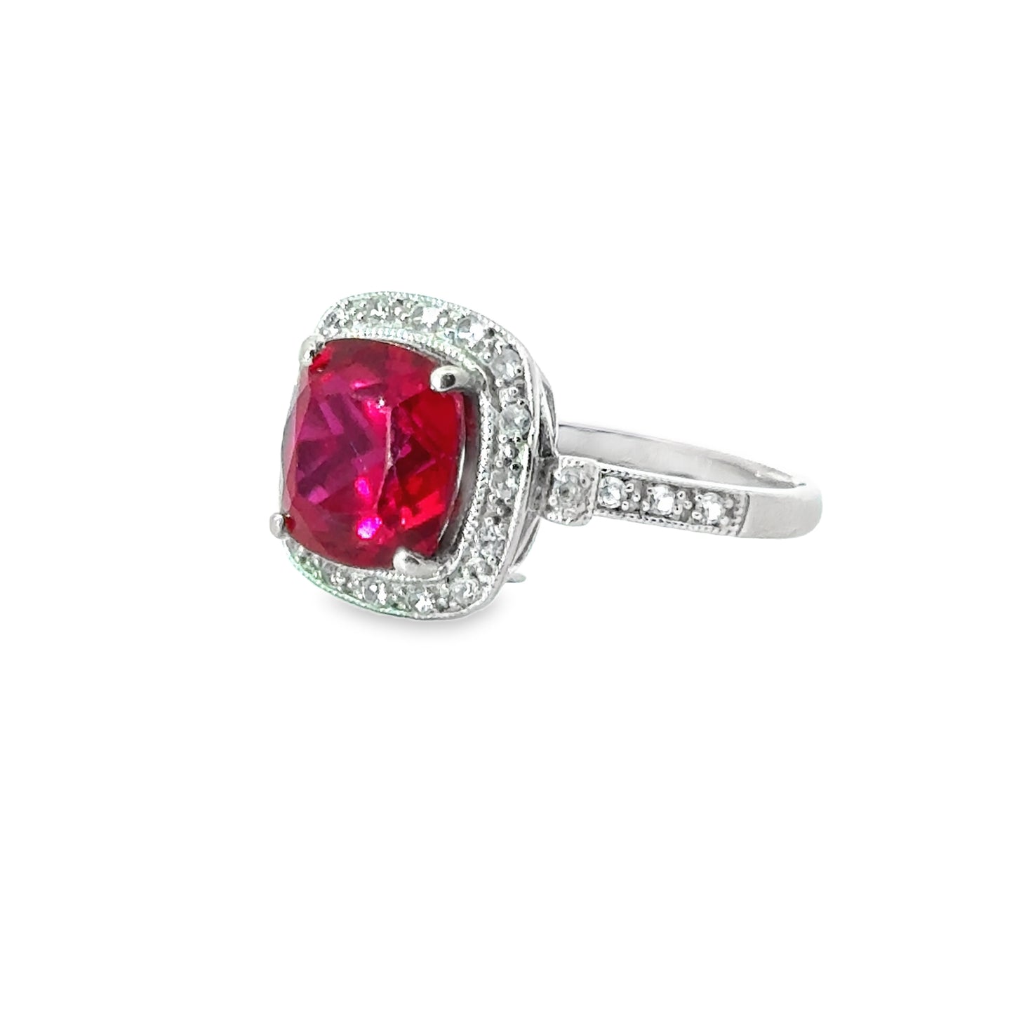 Elegant 14K White Gold Red Quartz & Cubic Zirconia Ring