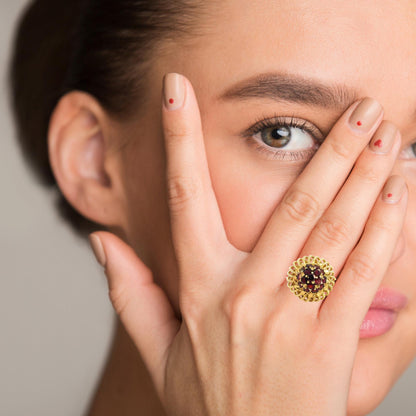 14K Yellow Gold Garnet Cluster Domed Cocktail Ring