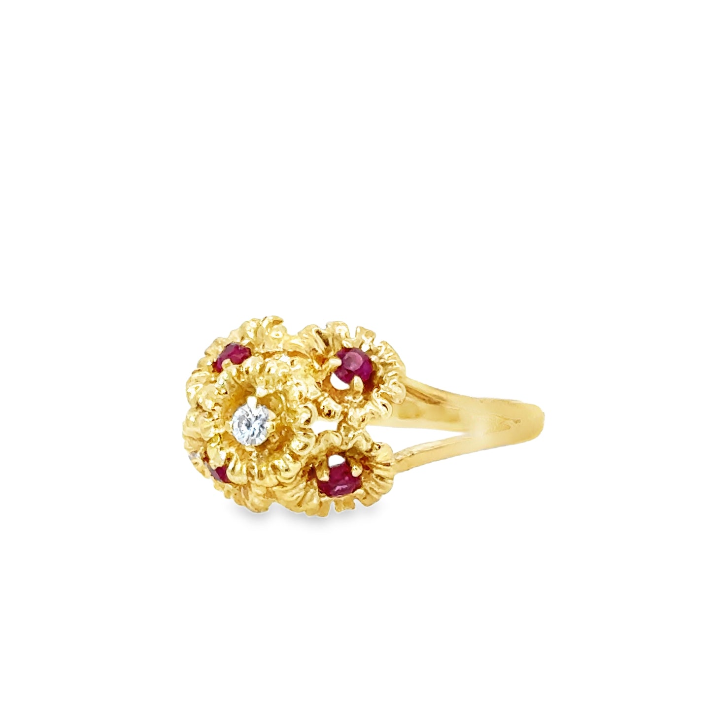 Charming 14K Gold Flower Bouquet Ring with Ruby and Diamond