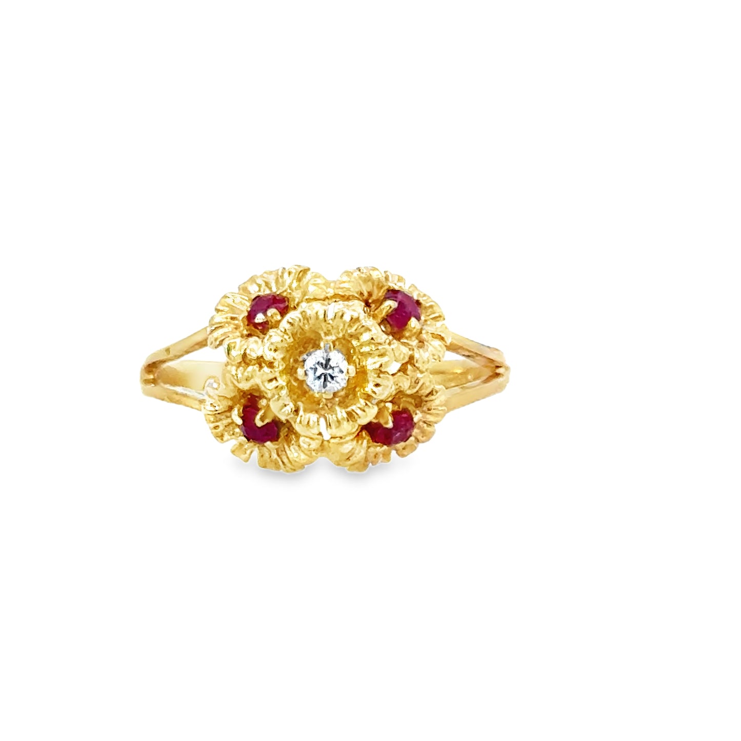 Charming 14K Gold Flower Bouquet Ring with Ruby and Diamond