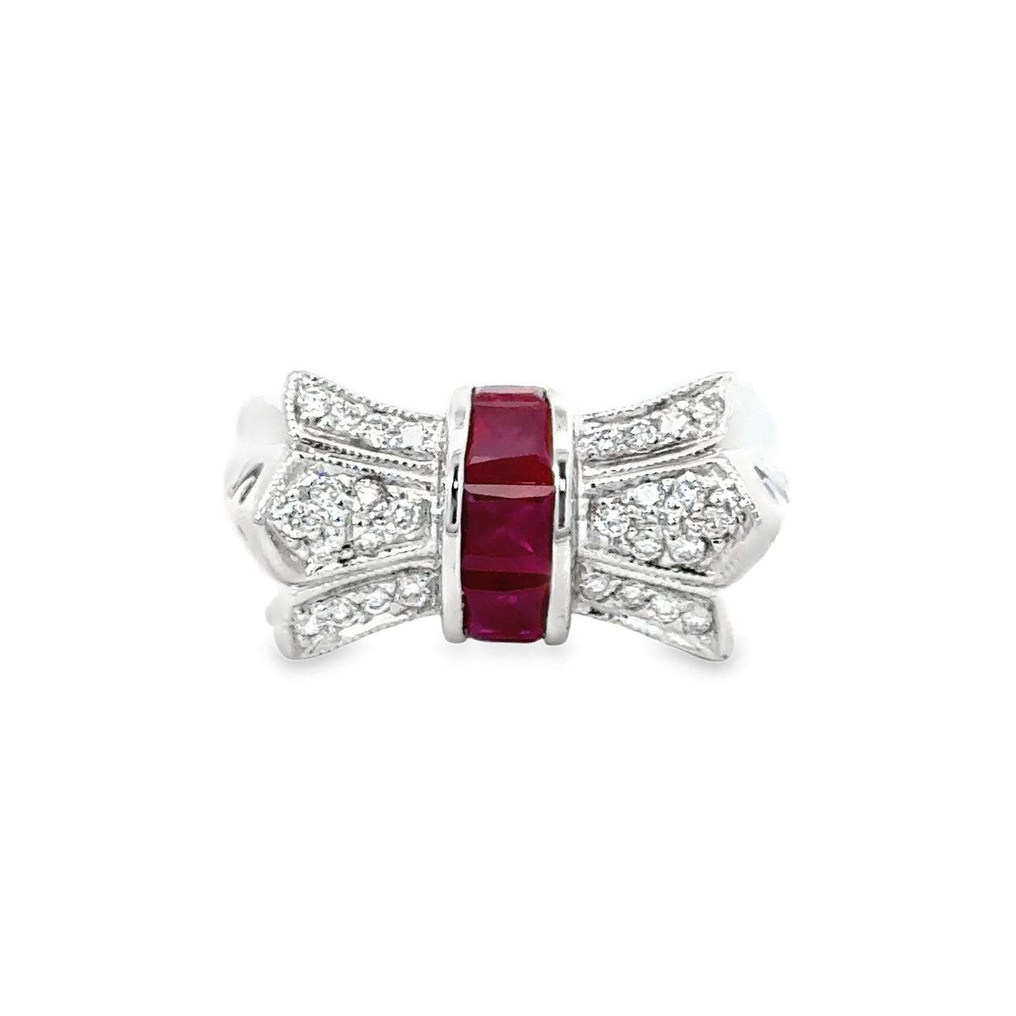 Bow Design 14K White Gold Ruby & Diamond Ring