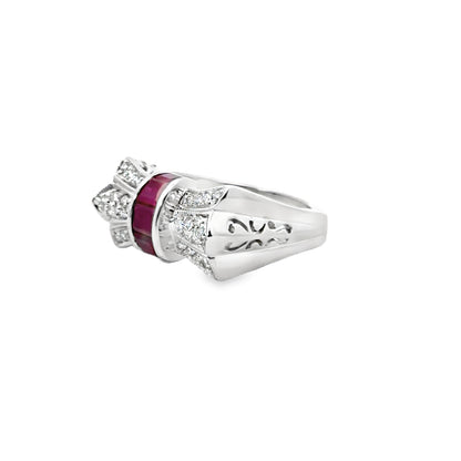 Bow Design 14K White Gold Ruby & Diamond Ring