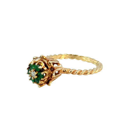 14K Yellow Gold Romantic Revival Emerald Cluster Ring with Diamond Accent