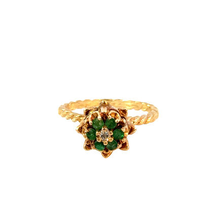 14K Yellow Gold Romantic Revival Emerald Cluster Ring with Diamond Accent