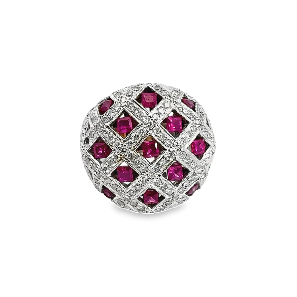 18K White Gold Ruby & Diamond Dome Lattice Ring