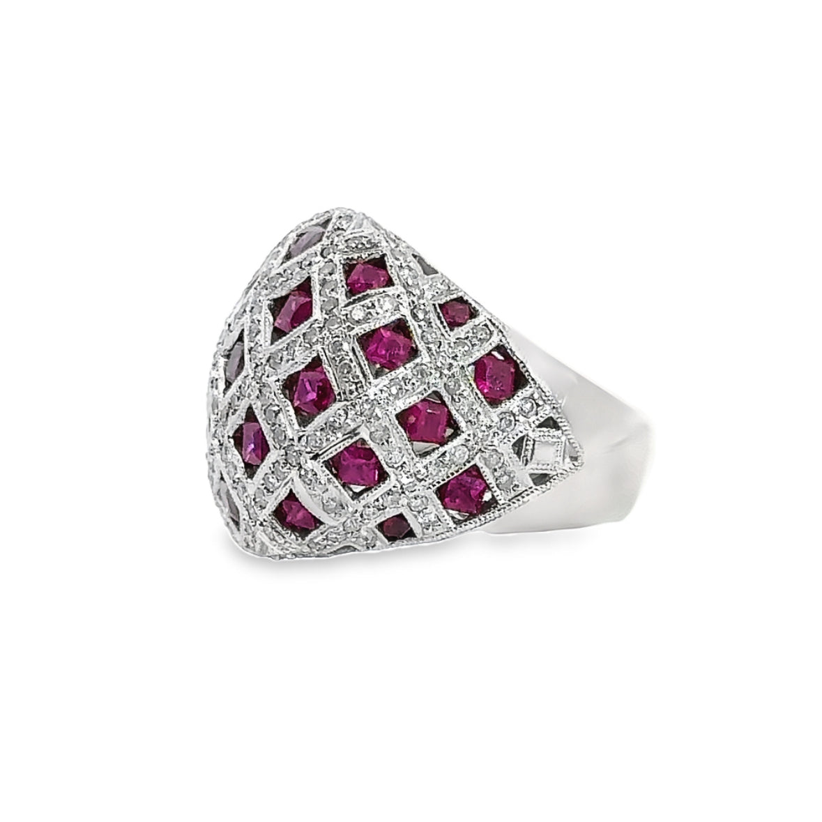 18K White Gold Ruby & Diamond Dome Lattice Ring