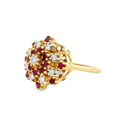 14K Yellow Gold Ruby Red & Diamond Cluster Cocktail Ring