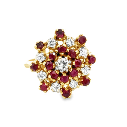 14K Yellow Gold Ruby Red & Diamond Cluster Cocktail Ring