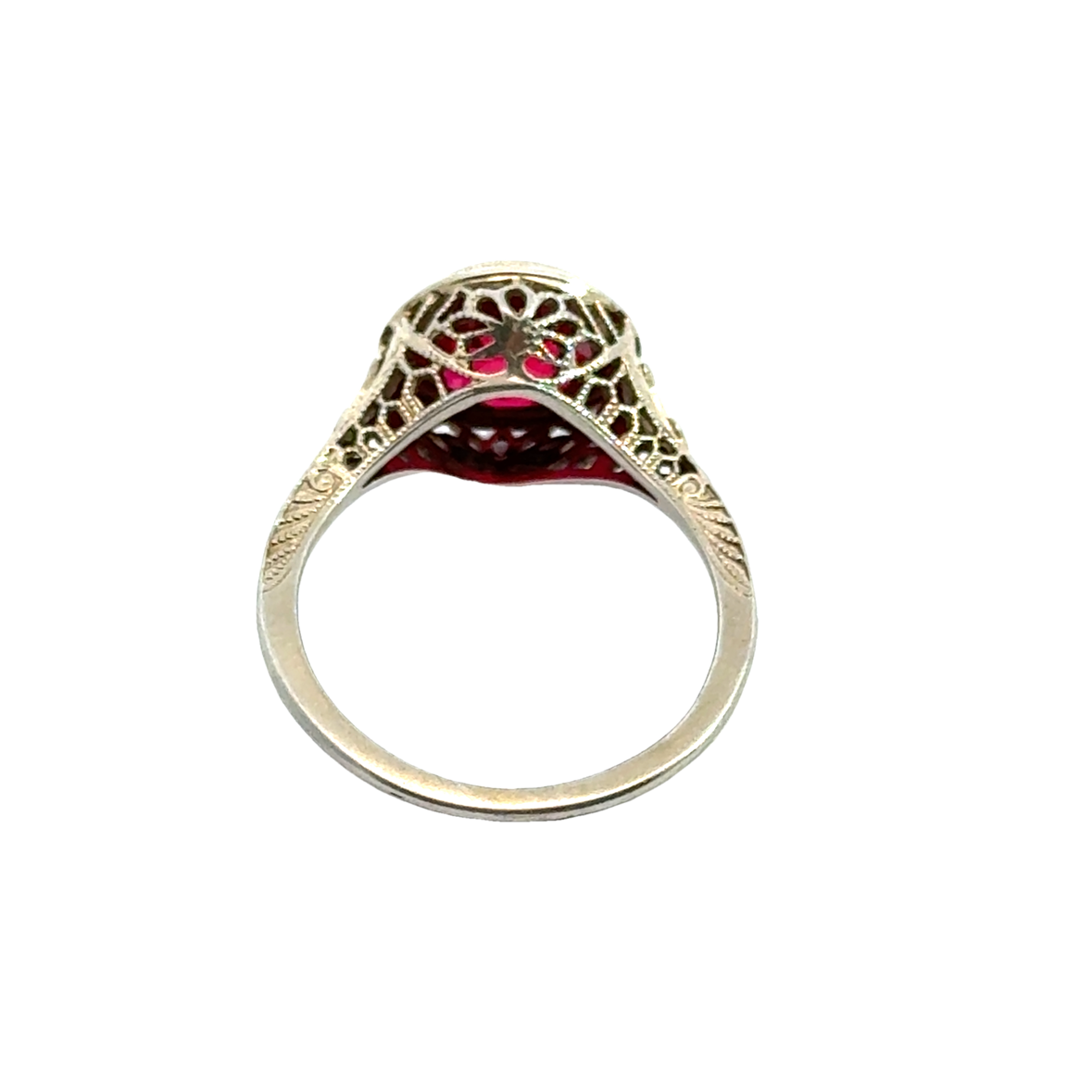 Vintage 18K White Gold Filigree Ruby Ring