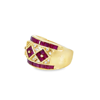 Unique 14K Yellow Gold Ruby & Diamond Band Ring