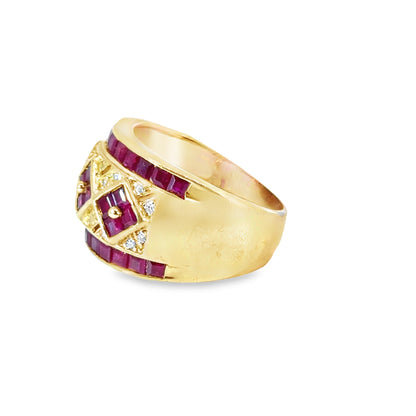 Unique 14K Yellow Gold Ruby & Diamond Band Ring