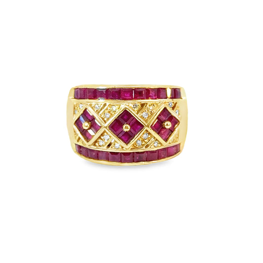 Unique 14K Yellow Gold Ruby & Diamond Band Ring