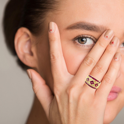 Unique 14K Yellow Gold Ruby & Diamond Band Ring