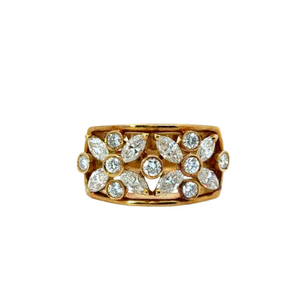 18K Yellow Gold Diamond Floral Wide Band