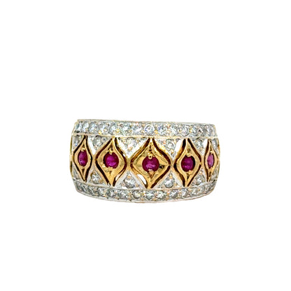 18K Yellow Gold Ruby and Diamond Wide Band Ring