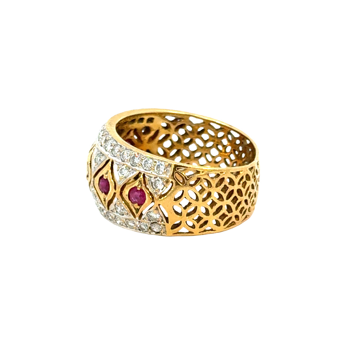 18K Yellow Gold Ruby and Diamond Wide Band Ring