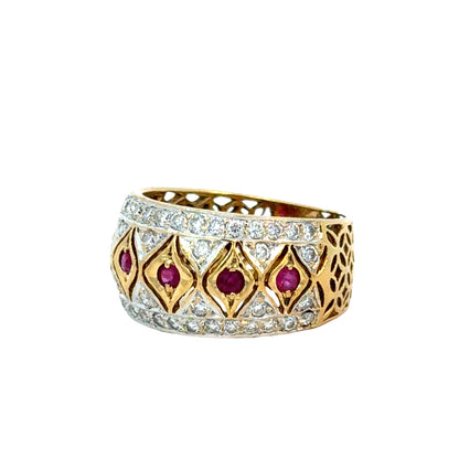 18K Yellow Gold Ruby and Diamond Wide Band Ring
