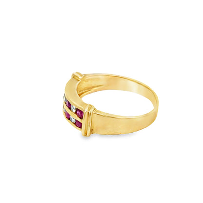 14K Yellow Gold Ruby & Diamond Double-Row Bar Ring