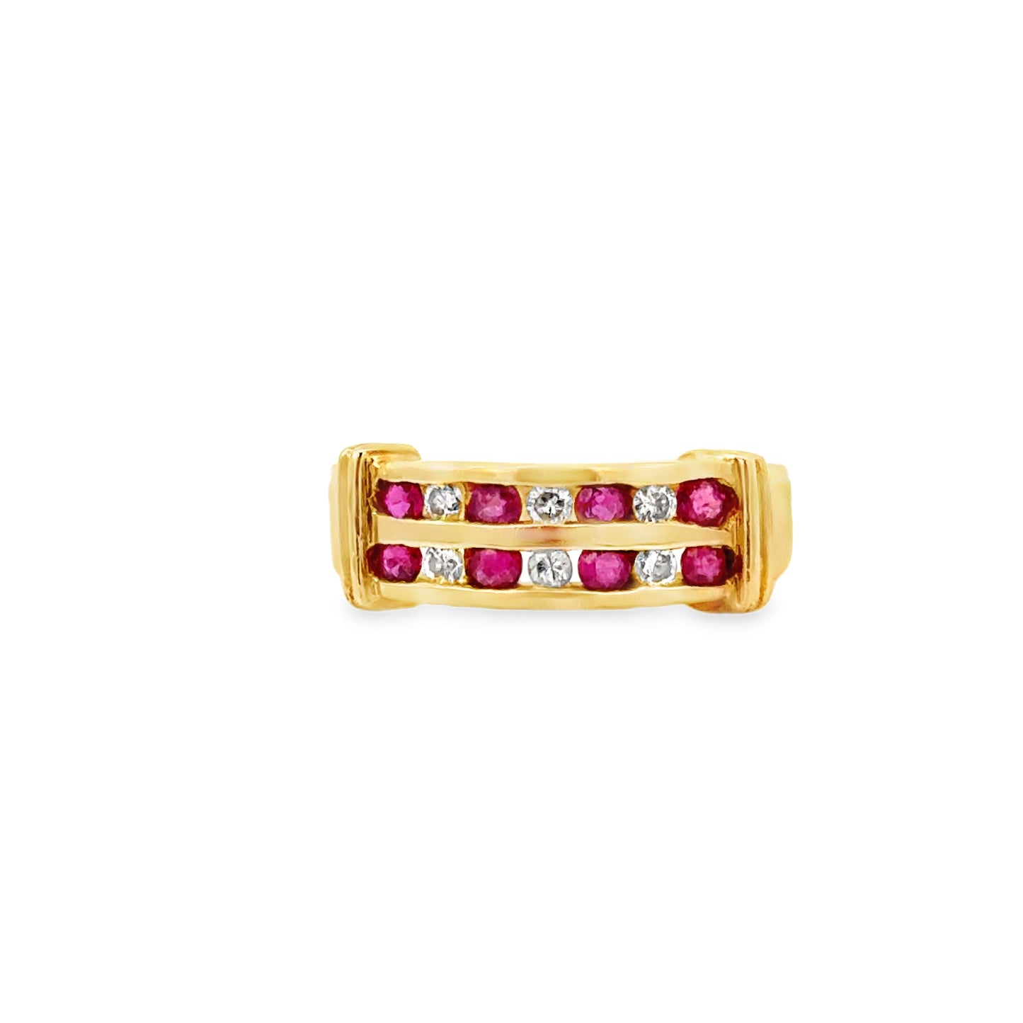14K Yellow Gold Ruby & Diamond Double-Row Bar Ring