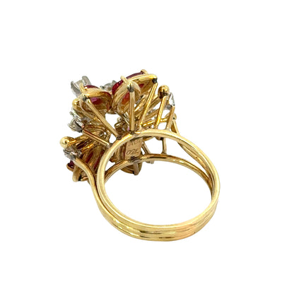 Natural Ruby & Diamond Floral Cluster Ring 18K Yellow Gold