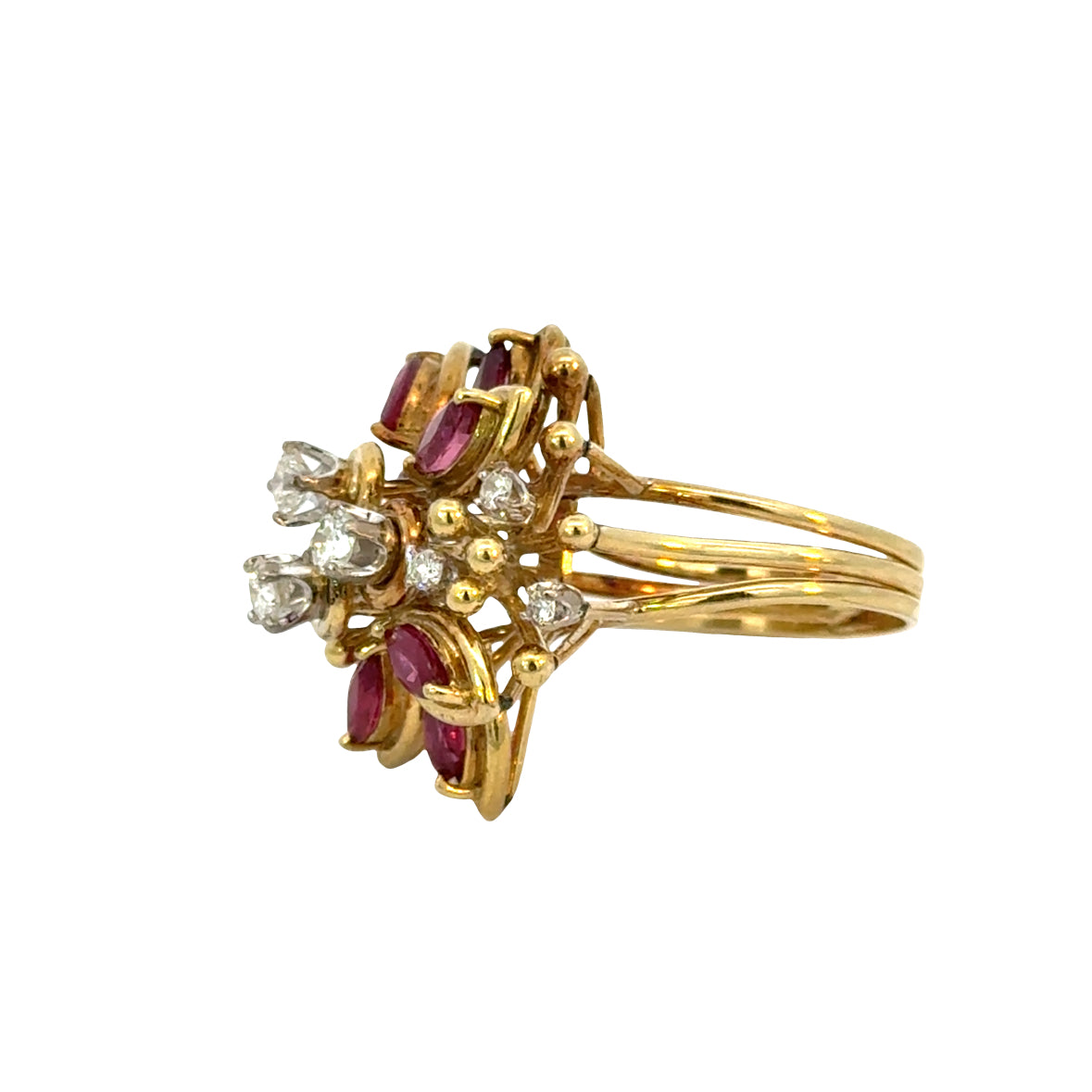 Natural Ruby & Diamond Floral Cluster Ring 18K Yellow Gold