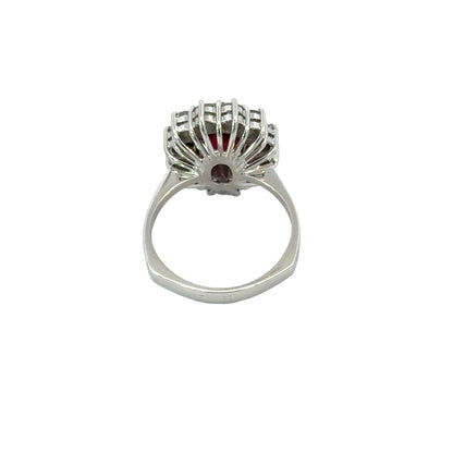 Elegant 18K White Gold Oval Ruby Ring with Diamond Halo