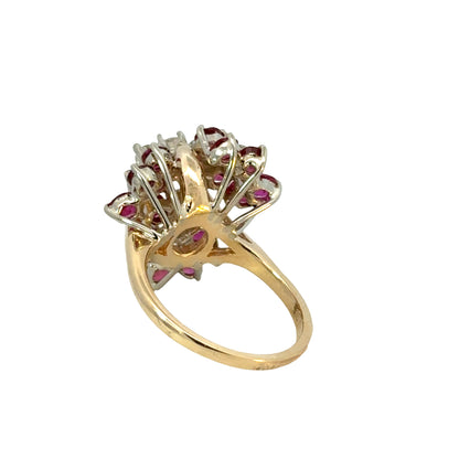 Vintage 14K Yellow & White Gold Ruby Diamond Cocktail Ring | Estate Fine Jewelry