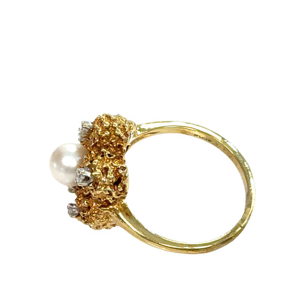 14K Textured Yellow Gold Pearl & Diamond Floral Ring