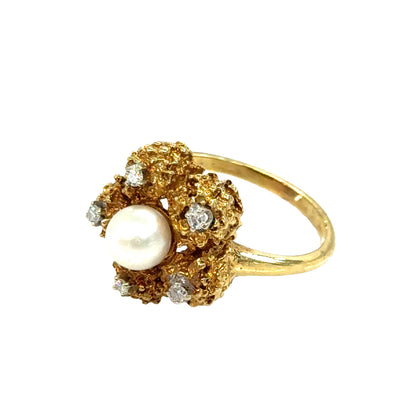 14K Textured Yellow Gold Pearl & Diamond Floral Ring