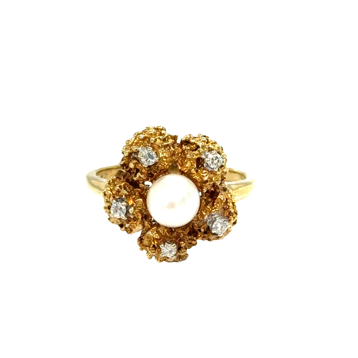 14K Textured Yellow Gold Pearl & Diamond Floral Ring