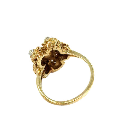 14K Textured Yellow Gold Pearl & Diamond Floral Ring