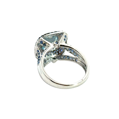 14K White Gold Aquamarine & Sapphire Halo Ring