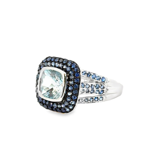 14K White Gold Aquamarine & Sapphire Halo Ring