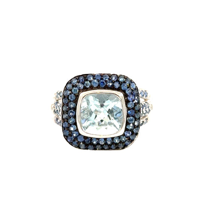 14K White Gold Aquamarine & Sapphire Halo Ring