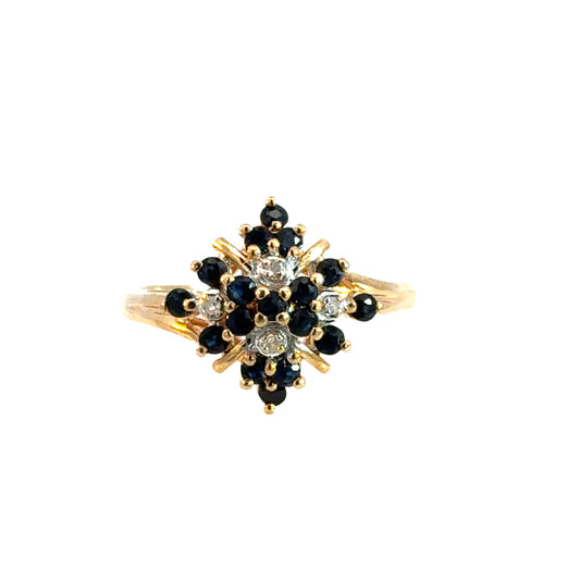Vintage 14K Yellow Gold Sapphire & Diamond Cluster Ring, 1980s Floral Starburst Design