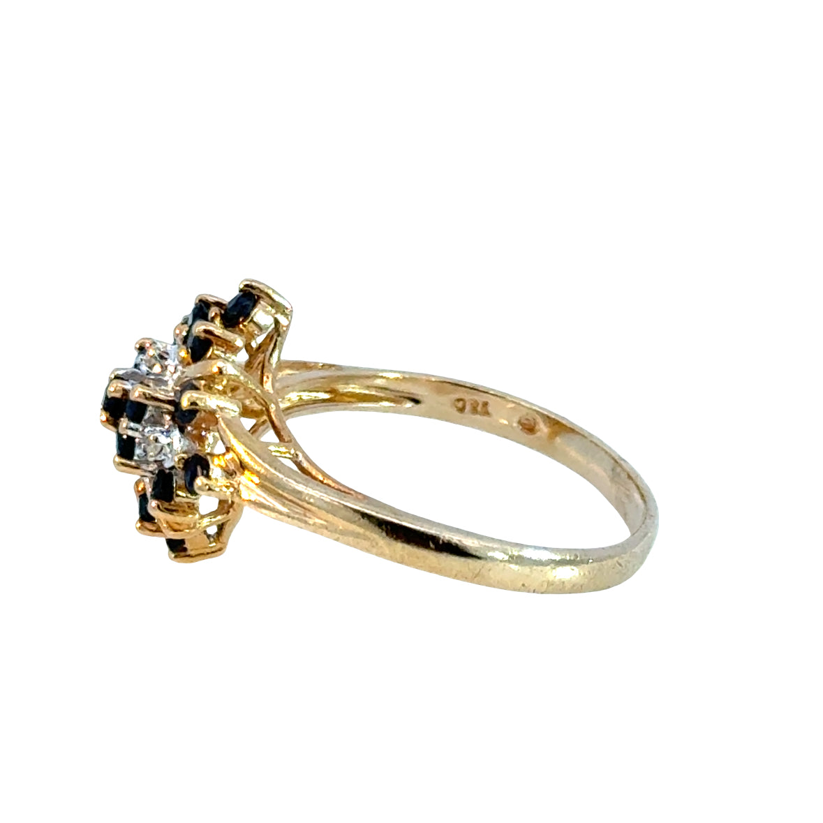 Vintage 14K Yellow Gold Sapphire & Diamond Cluster Ring, 1980s Floral Starburst Design